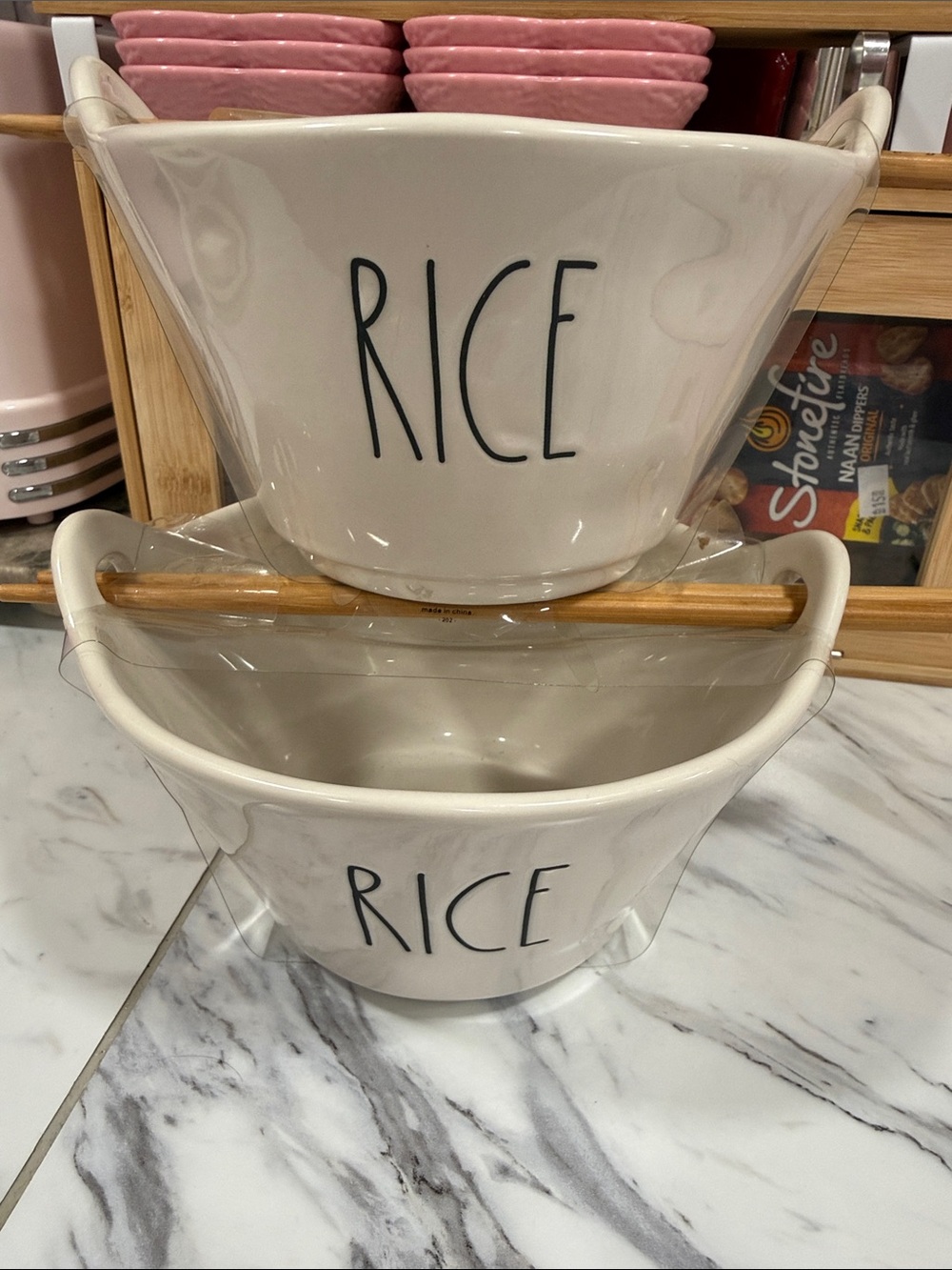 White Ceramic Rice Ramen Bowl with Script Label set of 2